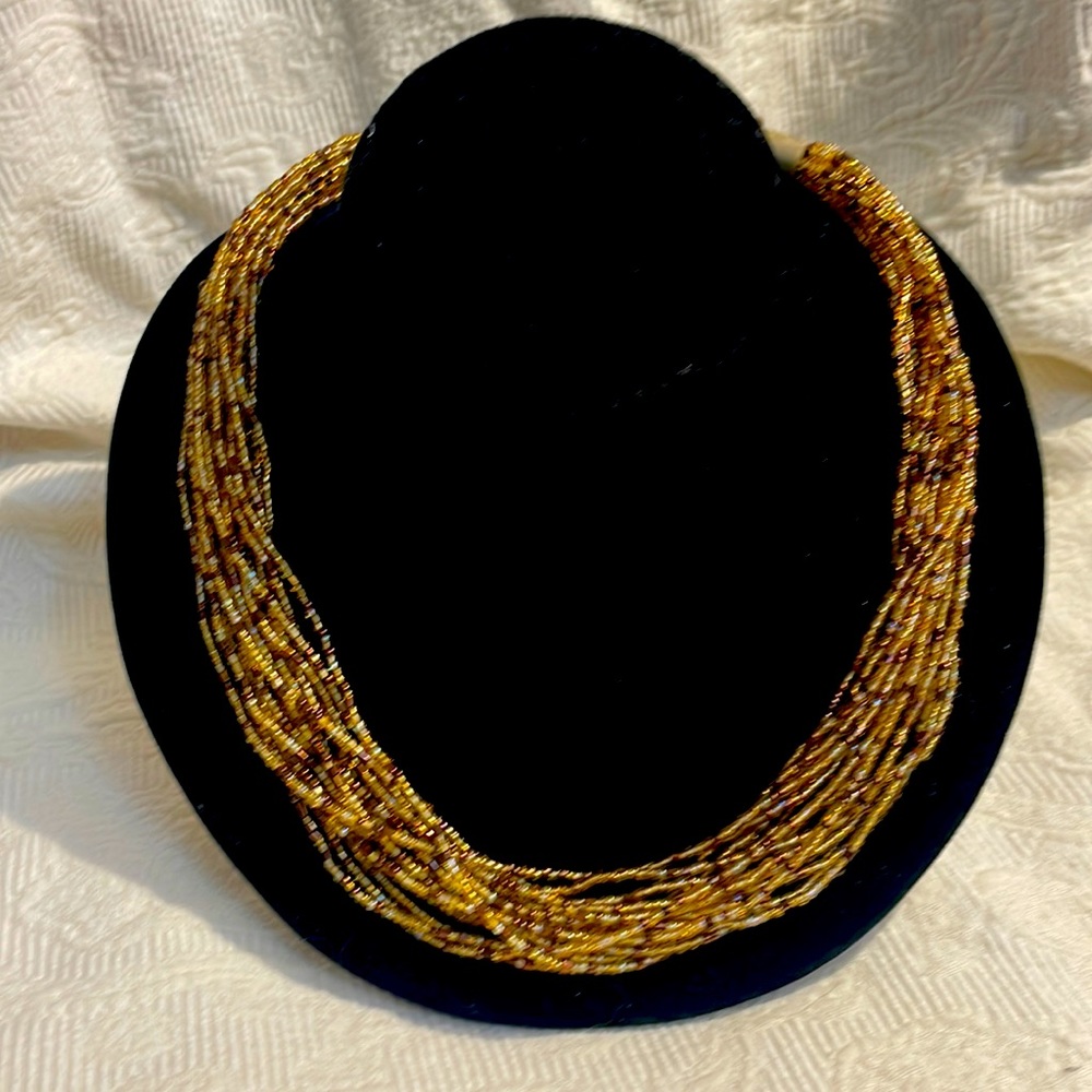 Beaded necklace, handmade, yellow and black beads, 22 inches long